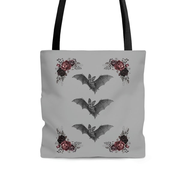 Romantic Dark Academia Gothic Floral Tote Bag, Botanical Bat Aesthetic Tote Bag Flying Vampire Triple Bat Canvas Book Tote Bag, Travel Totes