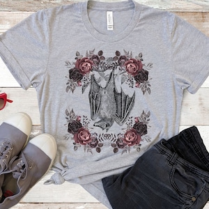 Romantic Dark Academia Gothic Floral Shirt, Botanical Vampire Bat Aesthetic Shirt, Gifts for Her, Goth Clothing