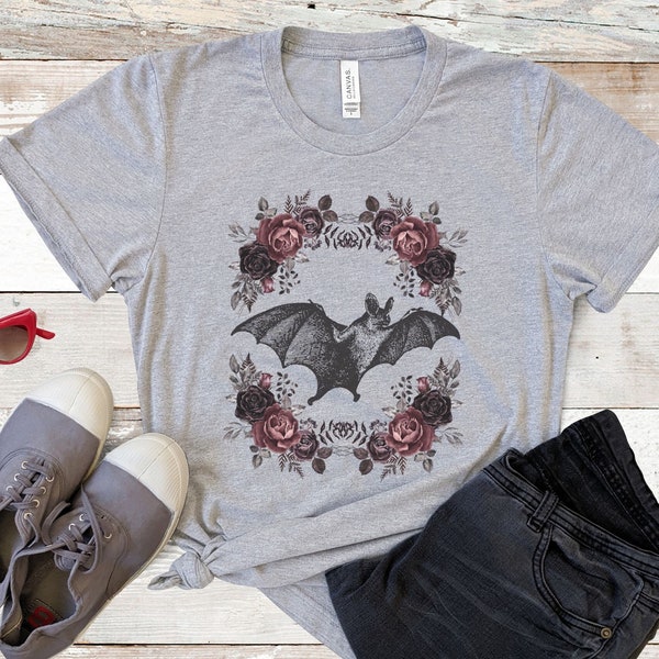 Romantic Dark Academia T-Shirt, Gothic Floral Shirt, Botanical Vampire Flying Bat Aesthetic Shirts, Gifts for Her, Goth Clothing