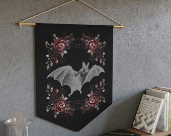 Romantic Goth Bat Floral Pennant, Victorian Rose Gothic Wall Banner, Vampire Bat Wall Hanging, Dark Academia Wall Art - Black