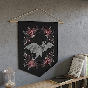 Romantic Goth Bat Floral Pennant, Victorian Rose Gothic Wall Banner, Vampire Bat Wall Hanging, Dark Academia Wall Art - Black
