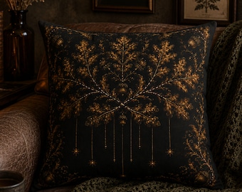 Gothic Throw Pillow, Dark Academia Pillow Cover, Victorian Botanical Cushion, Black and Gold Decor, Celestial Gothic Home Accent