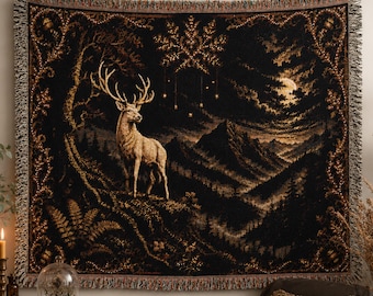 Moonlit Stag Woven Blanket, Gothic Forest Tapestry Throw, Rustic Cabin Decor, Woodland Deer Wall Hanging, Dark Cottagecore Blanket