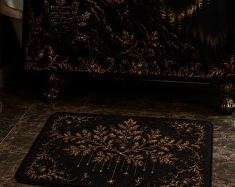 Gothic Bath Mat, Dark Academia Bathroom Rug, Black and Gold Bath Rug, Victorian Botanical Decor, Cottagecore Bathroom Accent