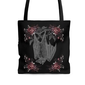 Romantic Dark Academia Gothic Floral Tote Bag, Botanical Bat Aesthetic Tote Bag Vampire Bat Canvas Book Tote Bag, Travel Totes, 3 Sizes