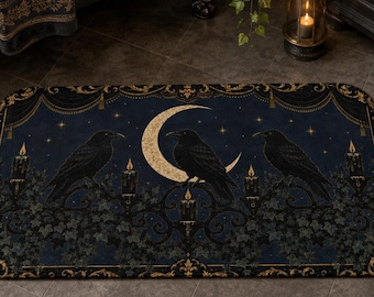Raven Bath Mat, Gothic Bathroom Decor, Crescent Moon Bath Rug, Dark Academia Decor, Victorian Celestial Raven Bathroom
