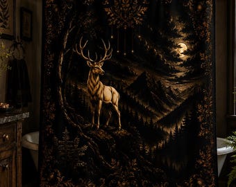 Moonlit Stag Shower Curtain, Gothic Forest Bathroom Decor, Dark Cottagecore Bath Curtain, Woodland Deer Bathroom, Rustic Cabin Decor