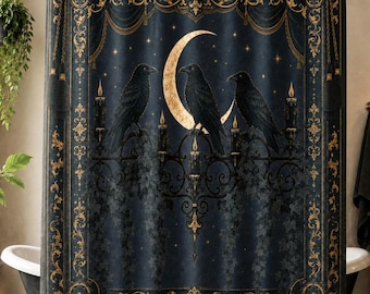 Raven Shower Curtain, Gothic Bathroom Decor, Crescent Moon and Crows, Dark Academia Bath Decor, Victorian Celestial
