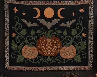 Gothic Pumpkin Woven Tapestry Blanket, Bat and Triple Moon Halloween Throw, Dark Cottagecore Fall Decor