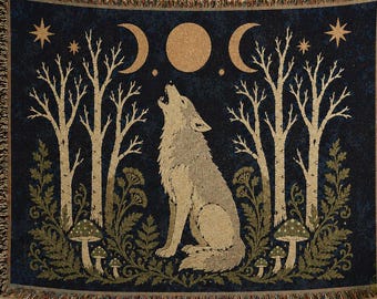 Howling Wolf Triple Moon Tapestry Throw | Woven Blanket Witchy Forest Gothic Celestial Cottagecore Goblincore Gift