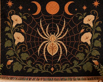 Spider Web Triple Moon Tapestry Throw | Woven Blanket Witchy Gothic Botanical Celestial Dark Cottagecore Gift