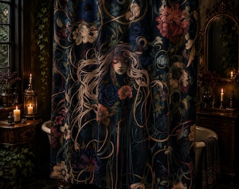 Dark Floral Shower Curtain | Gothic Botanical Bathroom Decor | Dark Cottagecore Bath Curtain