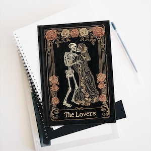 Tarot Blank Journal, Gothic Notebook, Skeleton Tarot Card Style The Lovers Journal, Vintage Embroidered Style Ornate Goth Journal Gift