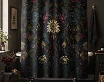 Dark Gothic Floral Shower Curtain | Moody Botanical Bathroom Decor | Witchy Bath Curtain