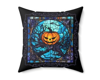 Halloween Pillow,  Stained Glass Pumpkin Cushion,  Fall Aesthetic Decor, Jack O Lantern Gift, Couch Pillow