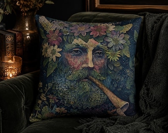 Green Man Throw Pillow | Pagan Forest God Cushion | Witchy Cottagecore Decor