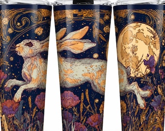 Celestial Hare Tumbler 20oz | Full Moon Starfield Travel Mug | Cosmic Rabbit Coffee Cup | Witchy Wildflower Tumbler