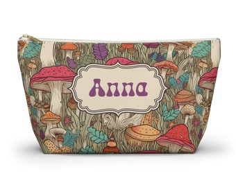 Custom Name Mushroom Makeup bag, Retro Boho Personalized travel bag, Accessory pouch, Charger bag, Packing Organization, Cosmetic Storage