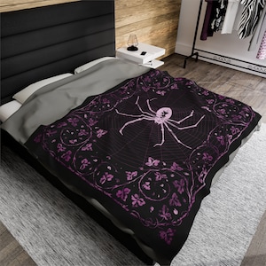 Halloween Decor, Velveteen Plush Blanket, Elegant Gothic Spiderweb, Vintage Style Spider Print, Housewarming Gift - Purple