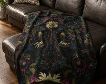 Dark Gothic Floral Blanket | Velveteen Plush Throw | Gothic Botanical Decor