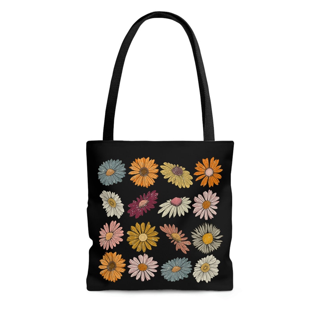 Wildfowers Tote Bag, Boho Daisy Floral Nature Book Bag, Retro