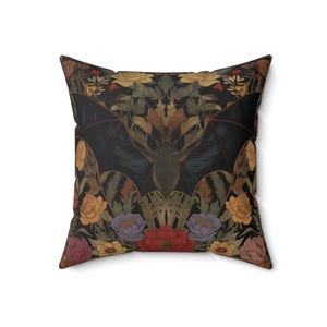 Gothic Bat Throw Pillow | Dark Floral Cushion | Witchcore Halloween Home Decor