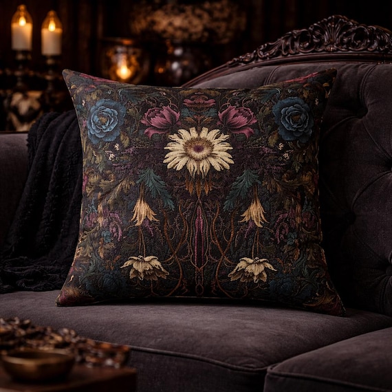 Dark Gothic Floral Pillow | Victorian Garden Throw Cushion | Witchy Cottagecore Decor