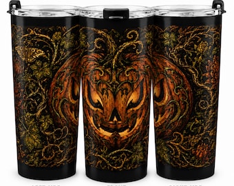 Gothic Jack O Lantern Tumbler 20oz | Ornate Filigree Pumpkin Travel Mug | Halloween Dark Academia Cup | Witchy Fall Coffee Tumbler