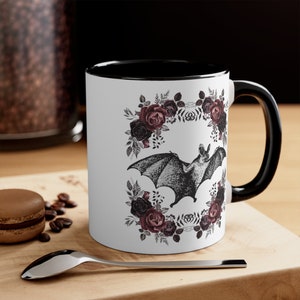 Romantic Dark Academia Gothic Floral Ceramic Mug, Botanical Bat Victorian Aesthetic Tea Mug, Flying Vampire Bat Coffee Mug