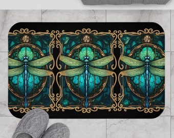 Art Nouveau Bath Mat, Stained Glass Dragonfly Bathroom Rug, Elegant Housewarming Gift 2 sizes