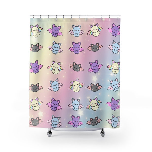 Bat Bathroom Decor, Pastel Goth Shower Curtain, Kawaii Bats Bathroom, Cute Goth Housewarming Gift 71x74