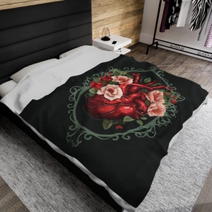 Anatomical Heart Plush Blanket | Gothic Floral Velveteen Throw | Dark Cottagecore Gift for Her