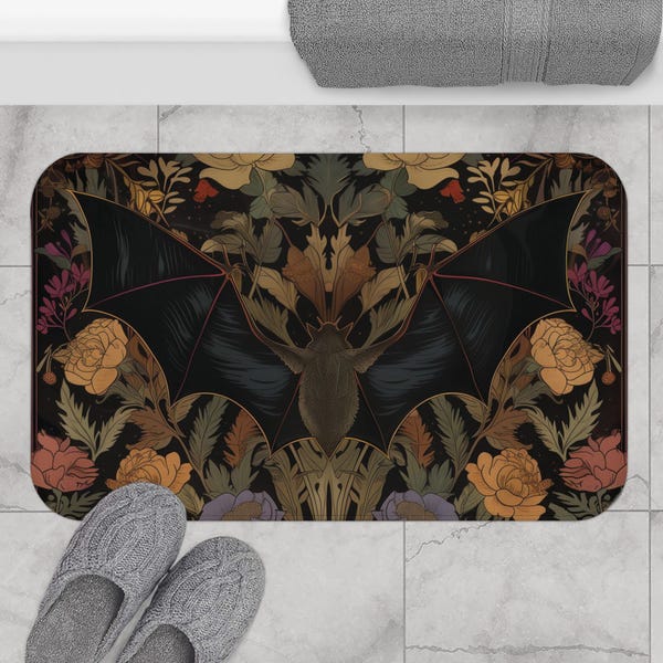 Alfombra de baño con diseño de murciélago gótico / Alfombra de brujas con flores oscuras / Decoración de baño espeluznante para Halloween