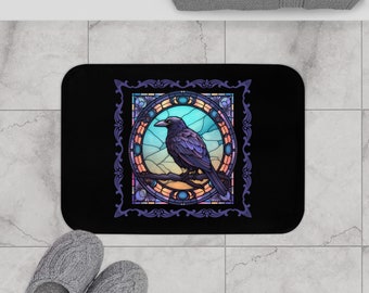 Halloween Bathroom Bath Mat, Stained Glass Raven, Elegant Gothic Crow Rug, Haunted Decor, Housewarming Gift