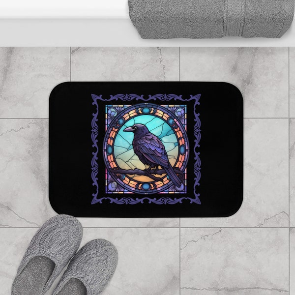Halloween Bathroom Bath Mat, Stained Glass Raven, Elegant Gothic Crow Rug, Haunted Decor, Housewarming Gift