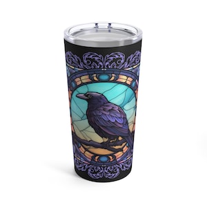 Halloween Tumbler, Stained Glass Raven Travel Tumbler, Gift for Her, Gothic Crow Double Wall Hot or Cold 20oz