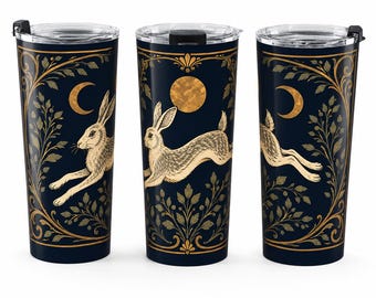 Leaping Hare Tumbler 20oz | Art Nouveau Moon Travel Mug | Celestial Rabbit Coffee Cup | Gothic Botanical Tumbler