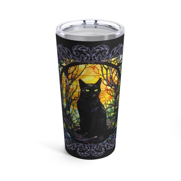 Halloween Tumbler Cup, Stained Glass Black Cat Travel Tumbler, Gift for Her, Spooky Gothic Double Wall Hot or Cold 20oz