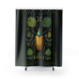 Beetle Decor, Botanical Shower Curtain,  Dark Cottagecore Bathroom, Gothic  Bath Decor, Goth Housewarming Gift 71x74