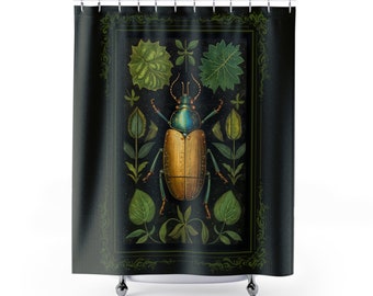 Beetle Decor, Botanical Shower Curtain,  Dark Cottagecore Bathroom, Gothic  Bath Decor, Goth Housewarming Gift 71x74
