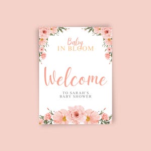 Baby in Bloom Shower Welcome Sign: Blush Floral, Editable Canva Template, Instant Download