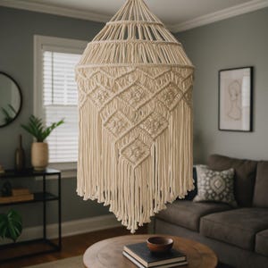 Könnte beinhalten: Cremefarbene Makramee-Pendelleuchte. Die Leuchte hat eine konische Form mit geometrischen Rautenmustern und langen Fransen. Die Leuchte hängt in einem Wohnzimmer von der Decke.