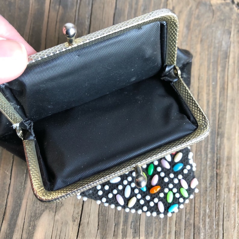 Beaded Wallet Vegan Vintage Coin Wallet Set Coin Purse Black Faux Leather