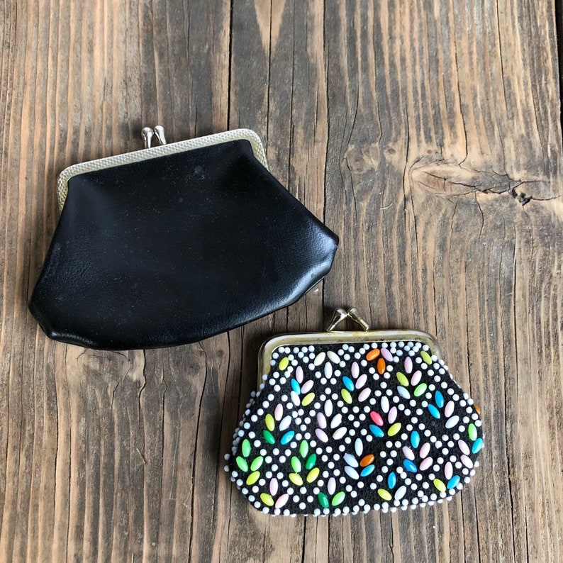 Beaded Wallet Vegan Vintage Coin Wallet Set Coin Purse Black Faux Leather