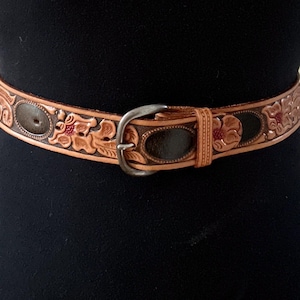 Vintage Tooled Leather Belt - Size 28 Western Belt with Repurposed Brass  Buckle