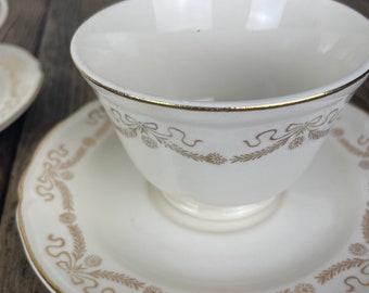 Vintage Cream and Gold Ser of Tea Cups and Saucers - Knowles - Made in USA - Christmas -