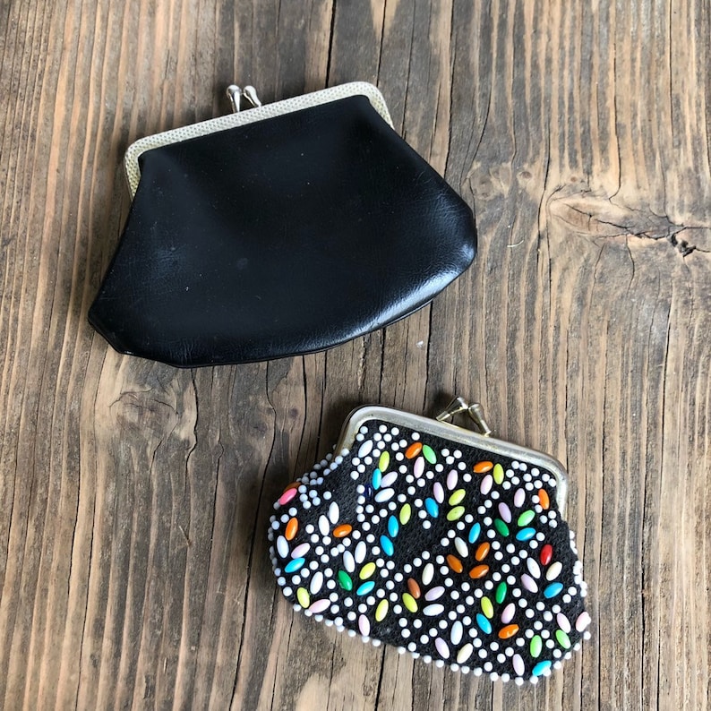 Beaded Wallet Vegan Vintage Coin Wallet Set Coin Purse Black Faux Leather
