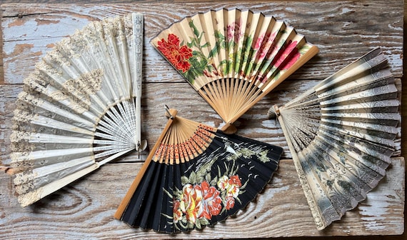 Antique Paper and Fabric Hand Fans Collection of 4 Fans