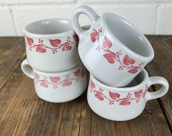 Vintage Set of Four Buffalo China Cafe Cups - Restaurant Ware Tea Cups - Coffee Mug - Pink and White - Windsor Red Leaf