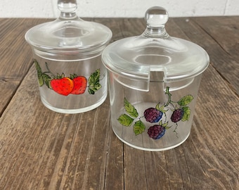 Set of Two Jam Jars - Blackberries and Strawberry - Bohemia Crystal Made In Czechoslovakia -